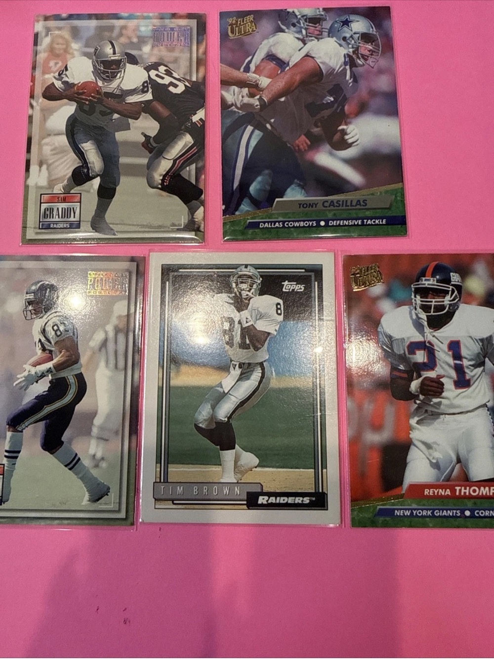 lot of five vintage football trading cards topps sam graddy, tony casillas, etc